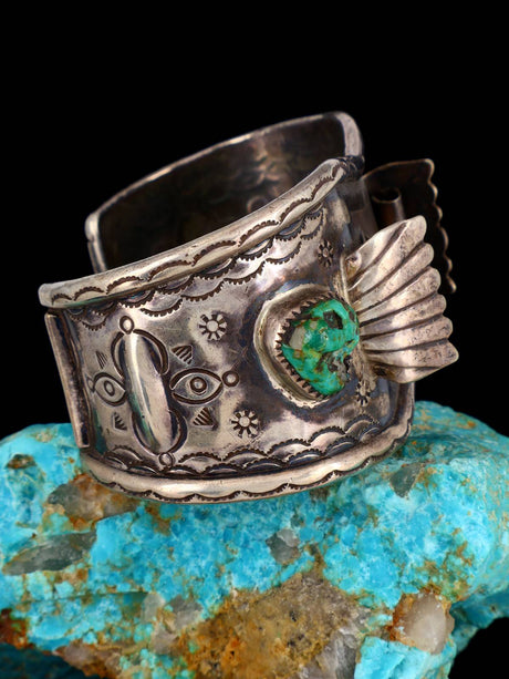 Estate Indian Jewelry Turquoise Sterling Silver Cuff Watch - PuebloDirect.com