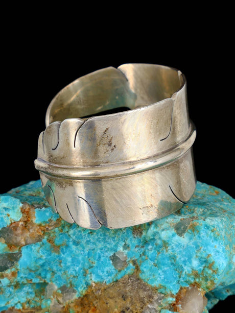 Estate Isleta Pueblo Sterling Silver Feather Cuff Bracelet