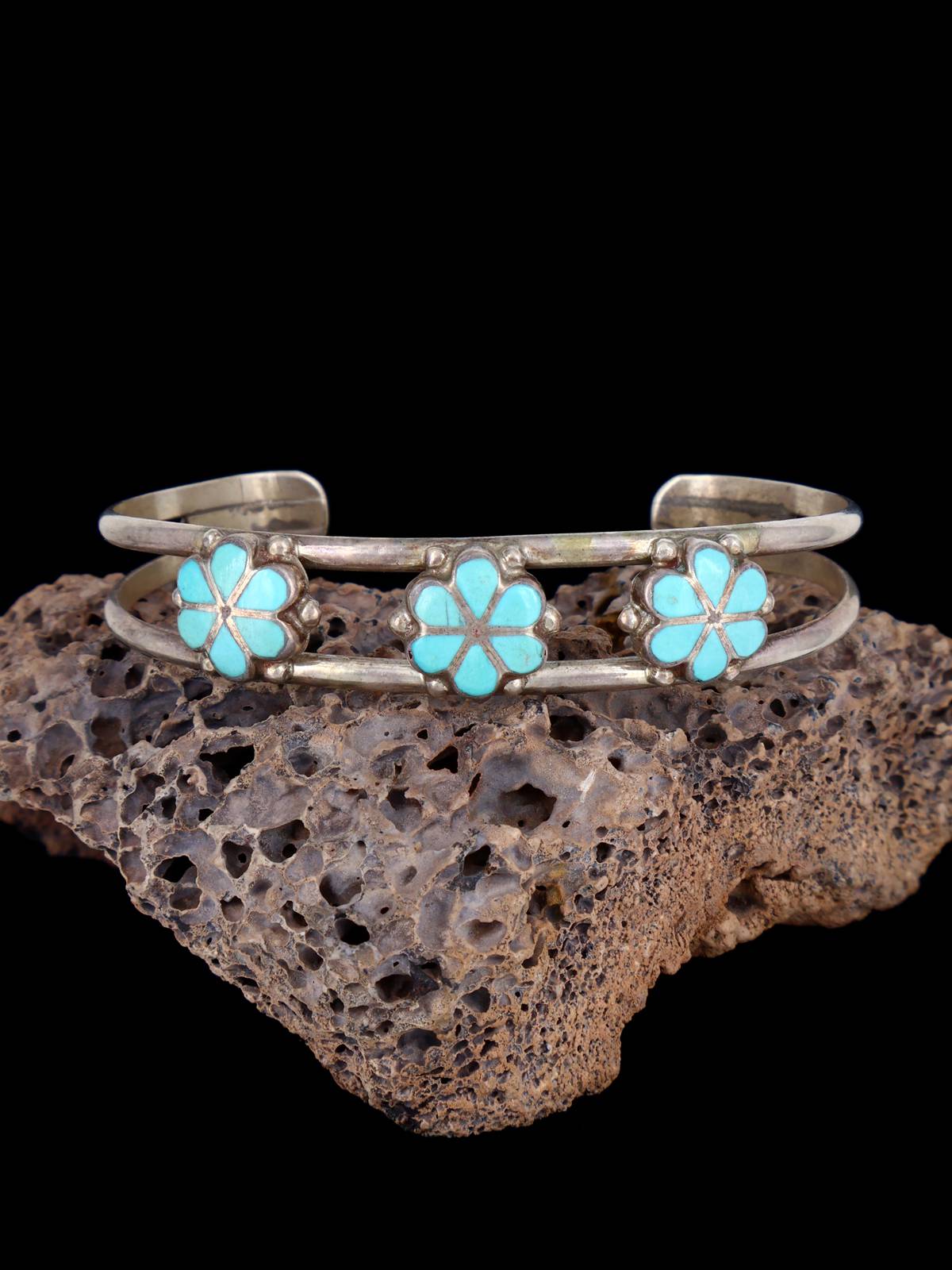 Estate Zuni Sterling Silver Turquoise Inlay Cuff Bracelet
