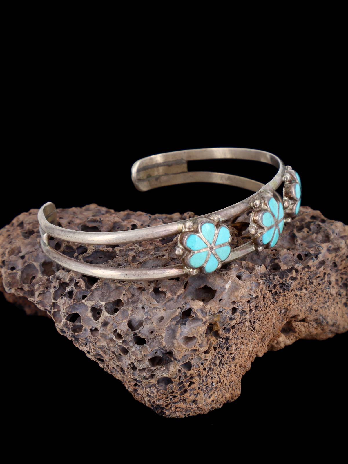 Estate Zuni Sterling Silver Turquoise Inlay Cuff Bracelet