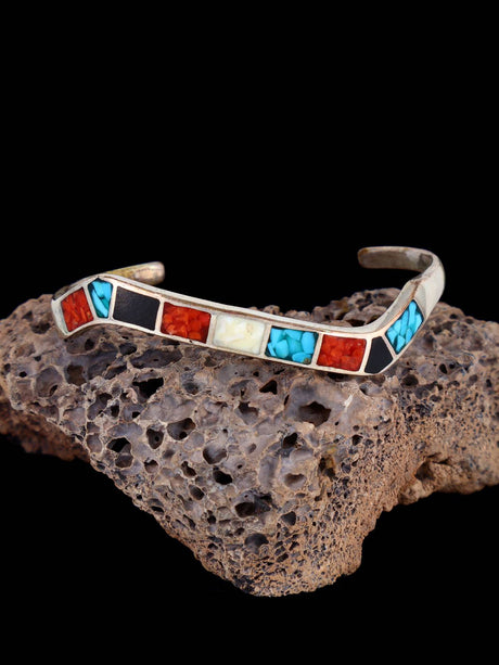 Vintage Estate Sterling Silver Turquoise and Coral Chip Inlay Cuff Bracelet - PuebloDirect.com