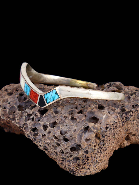 Vintage Estate Sterling Silver Turquoise and Coral Chip Inlay Cuff Bracelet - PuebloDirect.com