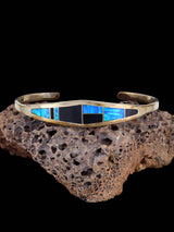 Estate Sterling Silver Opal and Jet Inlay Cuff Bracelet