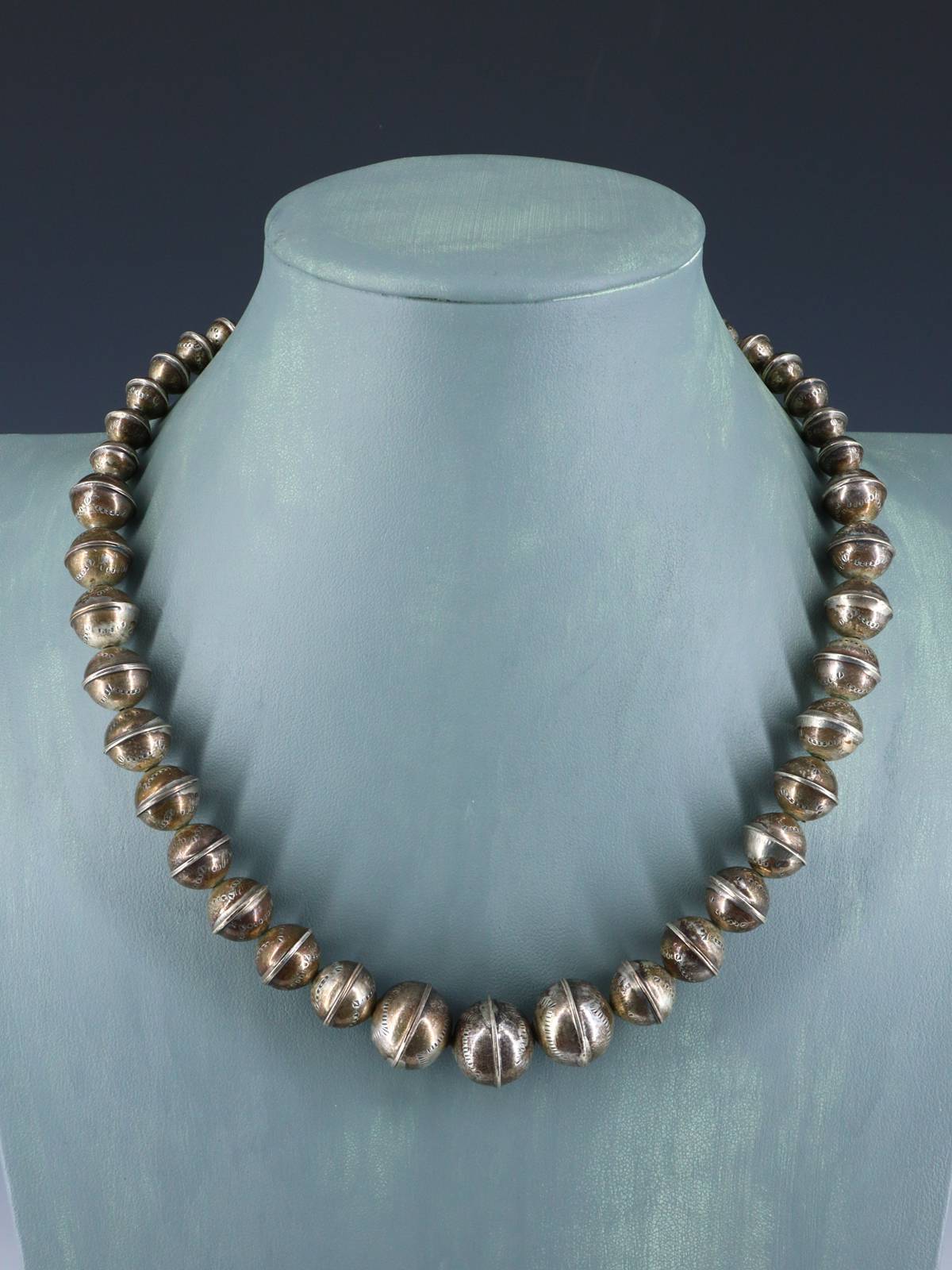 Vintage Native American Sterling Silver Handmade Graduated Bead Necklace