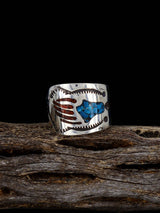Old Native Coral and Turquoise Chip Inlay Sterling Silver Ring, Size 7 1/2 - PuebloDirect.com