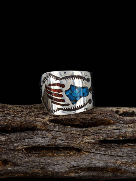 Old Native Coral and Turquoise Chip Inlay Sterling Silver Ring, Size 7 1/2 - PuebloDirect.com