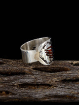 Old Native Coral and Turquoise Chip Inlay Sterling Silver Ring, Size 7 1/2 - PuebloDirect.com