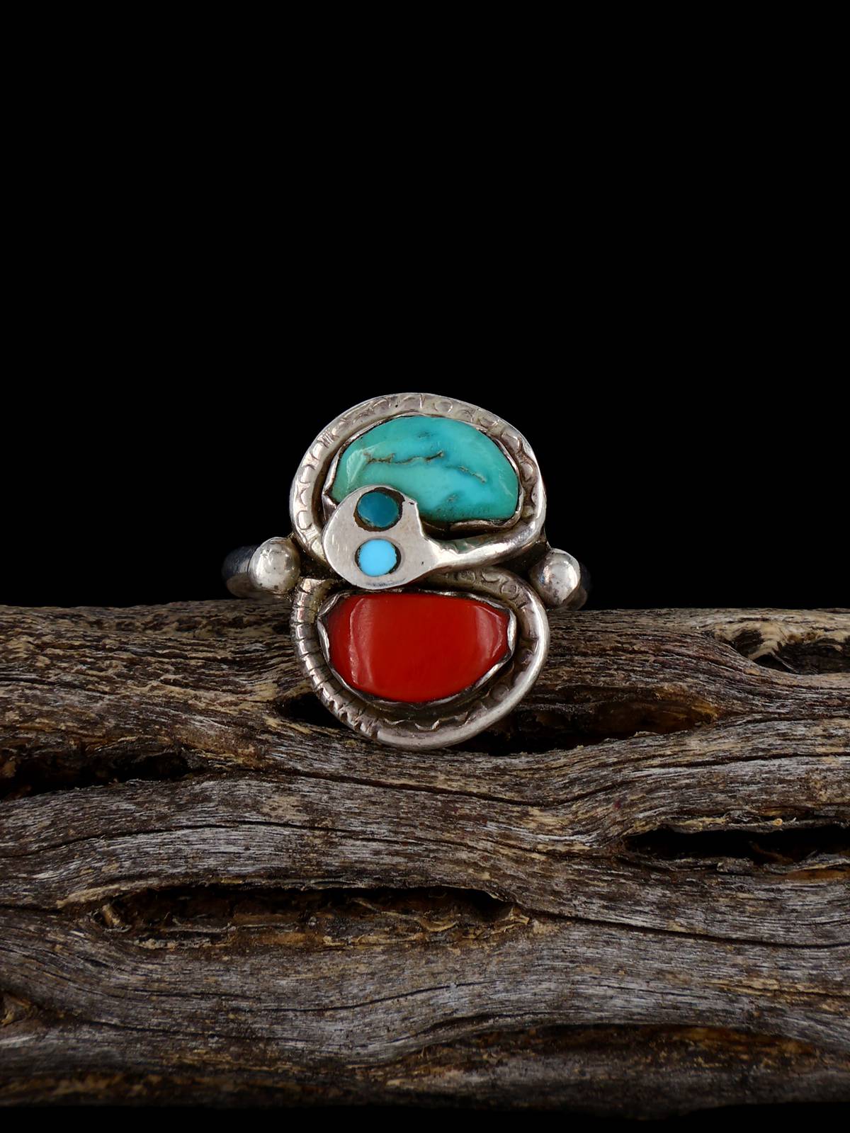 Vintage Sterling Silver Zuni Turquoise and Coral Snake Ring, Size 7 - PuebloDirect.com