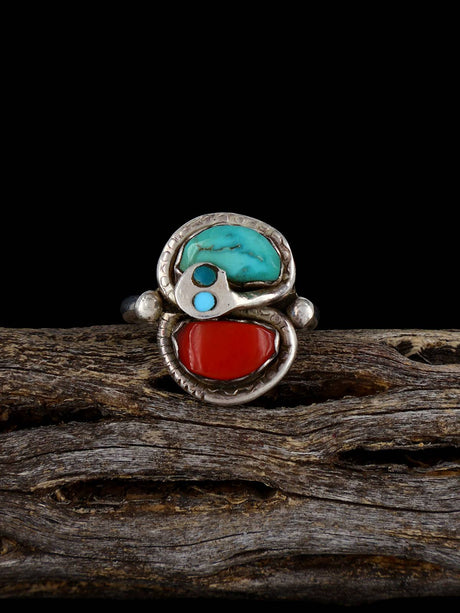 Vintage Sterling Silver Zuni Turquoise and Coral Snake Ring, Size 7 - PuebloDirect.com