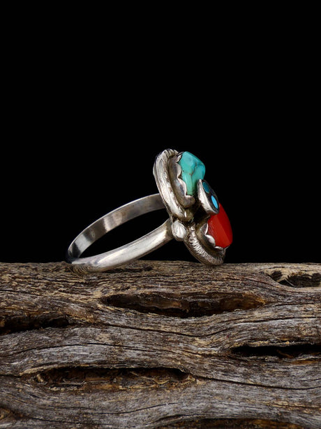Vintage Sterling Silver Zuni Turquoise and Coral Snake Ring, Size 7 - PuebloDirect.com