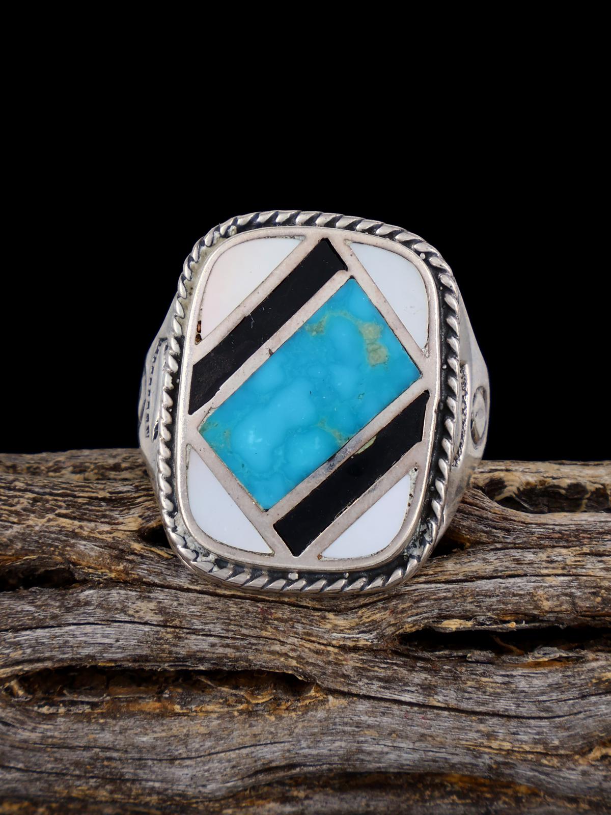 Estate Sterling Silver Turquoise and Shell Inlay Ring, Size 11 - PuebloDirect.com