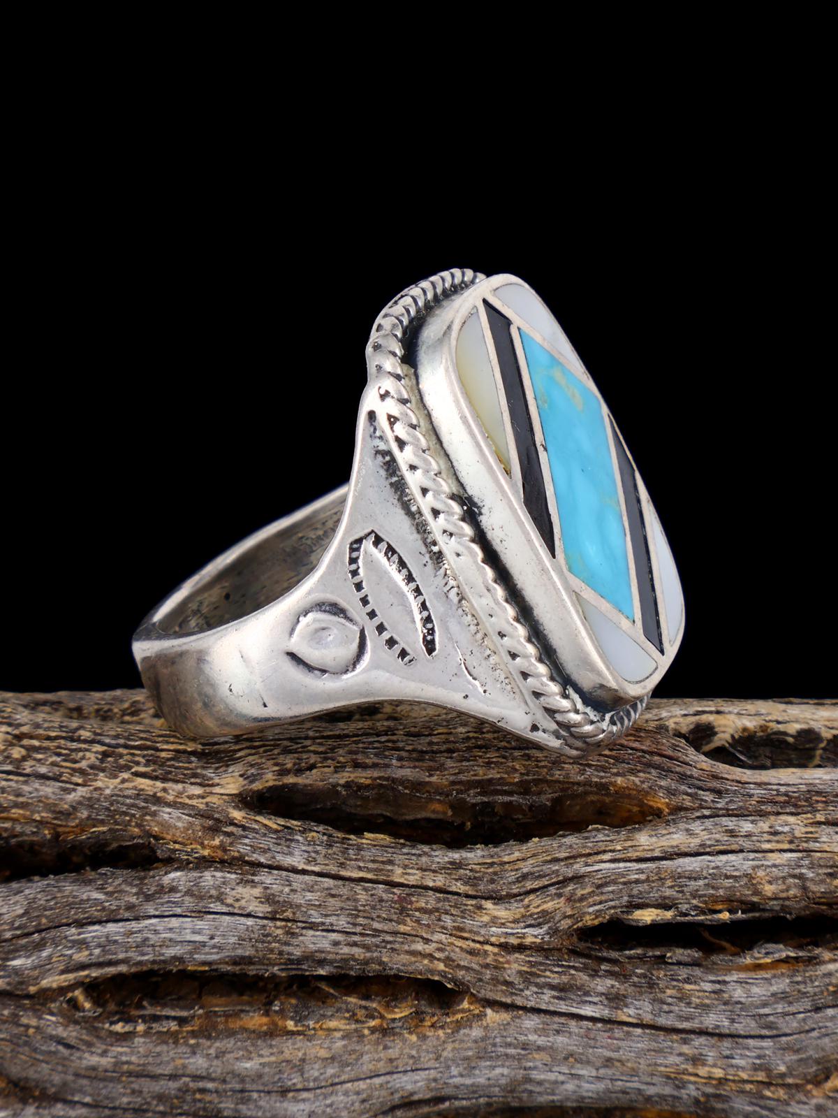 Bague incrustée d’argent sterling Zuni amérindien vintage, taille 5,5