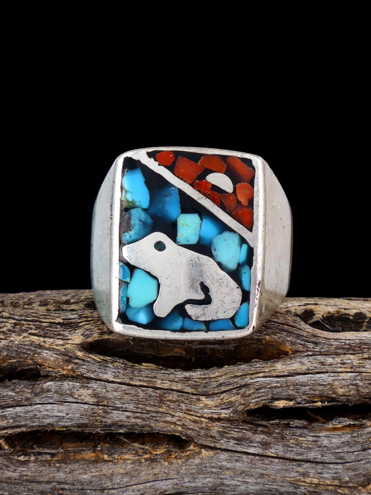 Estate Sterling Silver Turquoise and Coral Chip Inlay Ring, Size 10.5 - PuebloDirect.com
