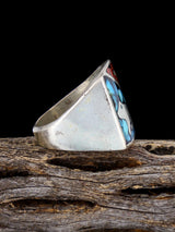Anillo de incrustación de plata de ley Zuni nativo americano vintage, tamaño 5.5