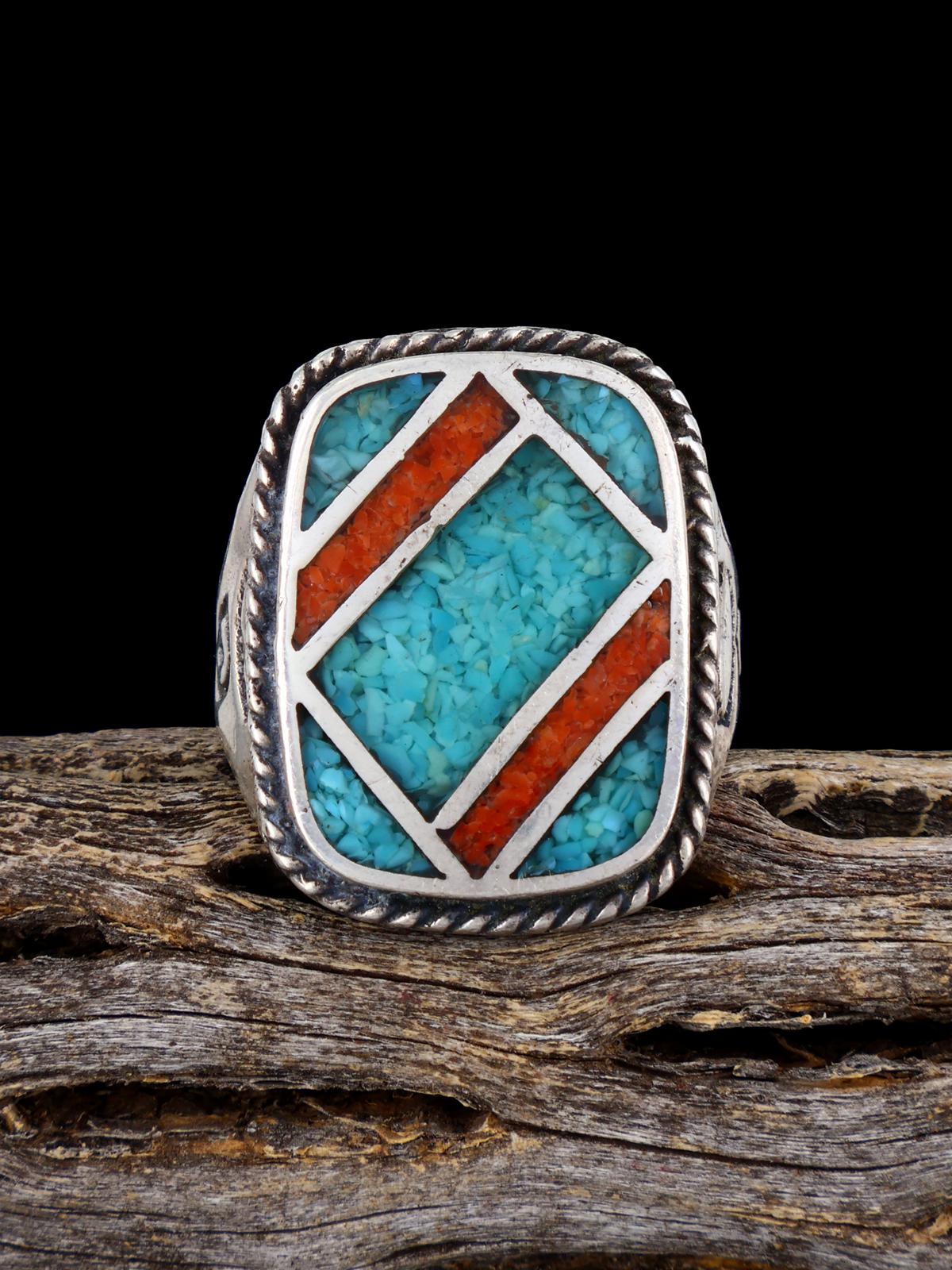 Anillo de incrustación de plata de ley Zuni nativo americano vintage, tamaño 5.5