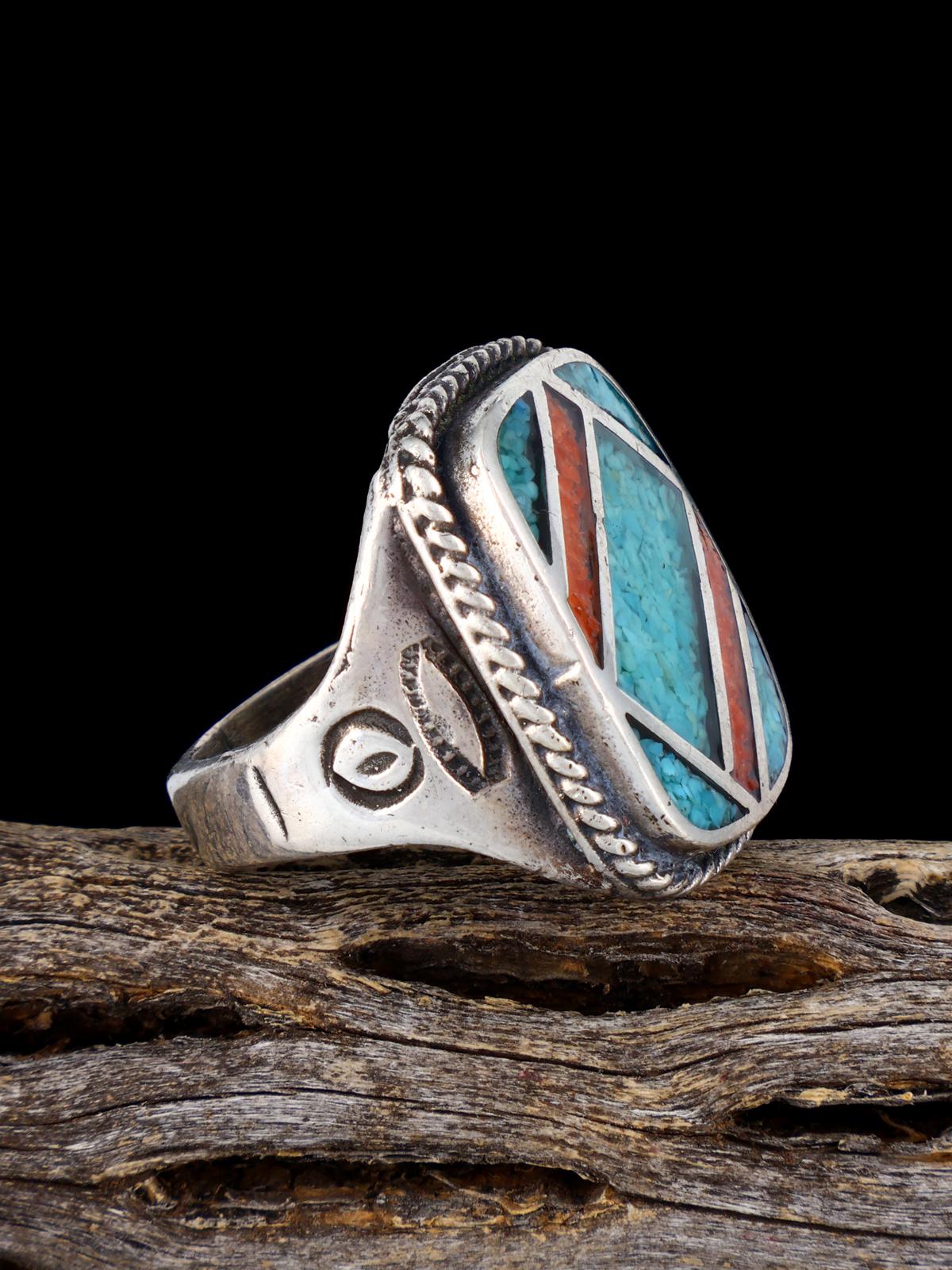 Anillo de incrustación de plata de ley Zuni nativo americano vintage, tamaño 5.5