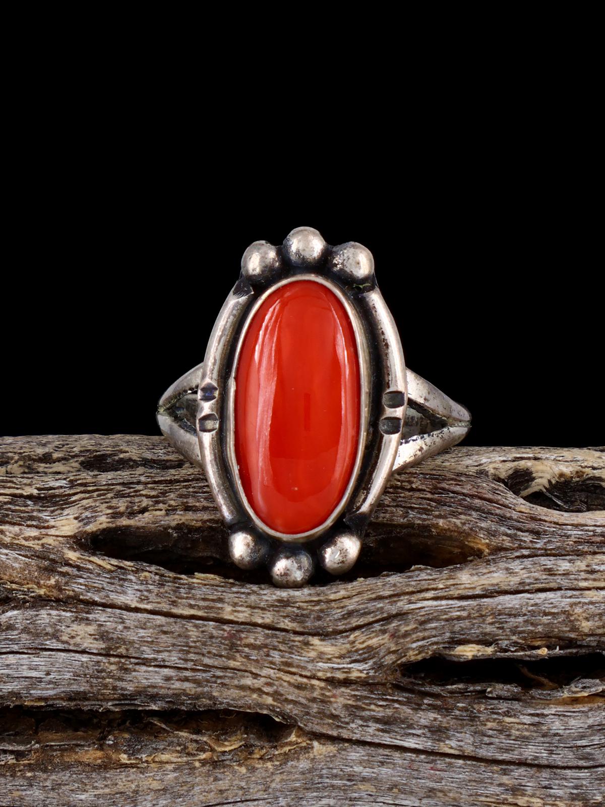 Estate Old Sterling Silver Coral Ring, Size 5