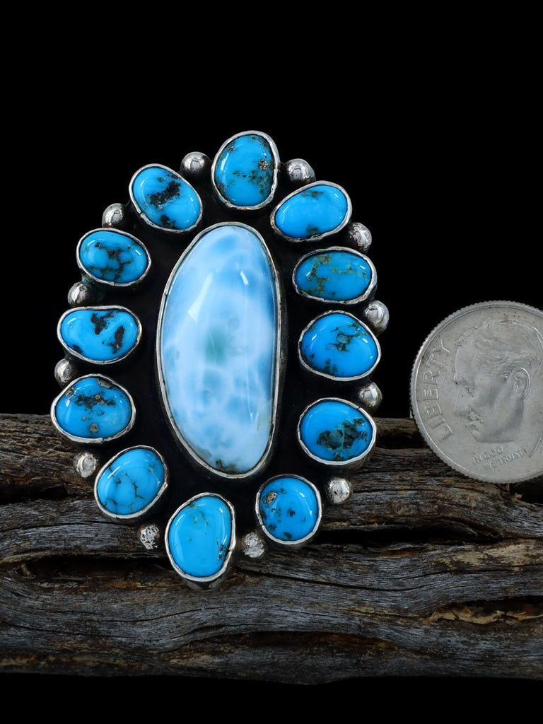 Estate Native American Sterling Silver Turquoise and Larimar Ring, Size 7 1/2 - PuebloDirect.com