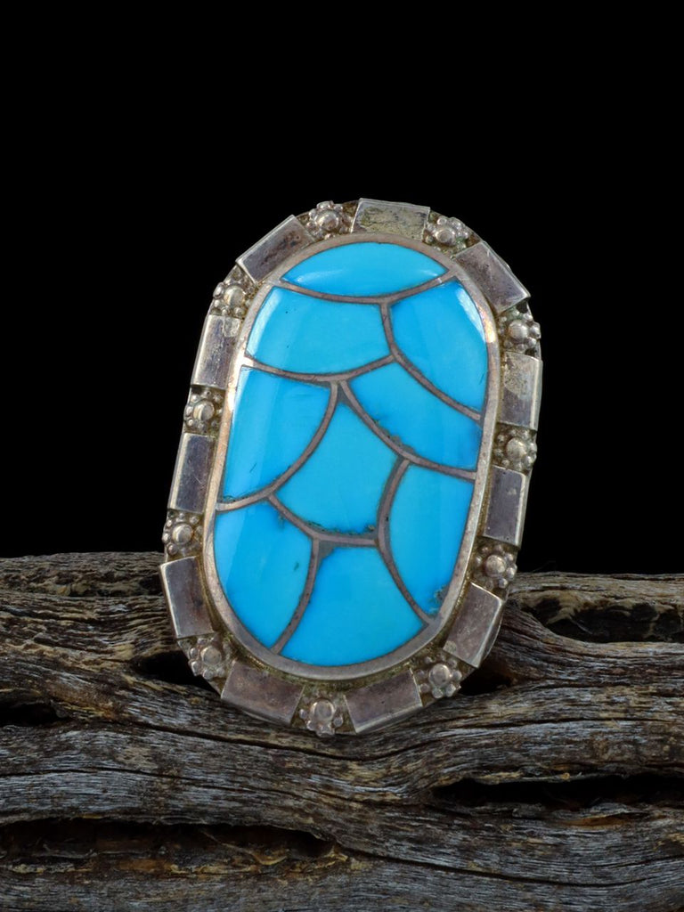 Vintage Sterling Silver Zuni Turquoise Inlay Ring, Size 5 1/2 - PuebloDirect.com