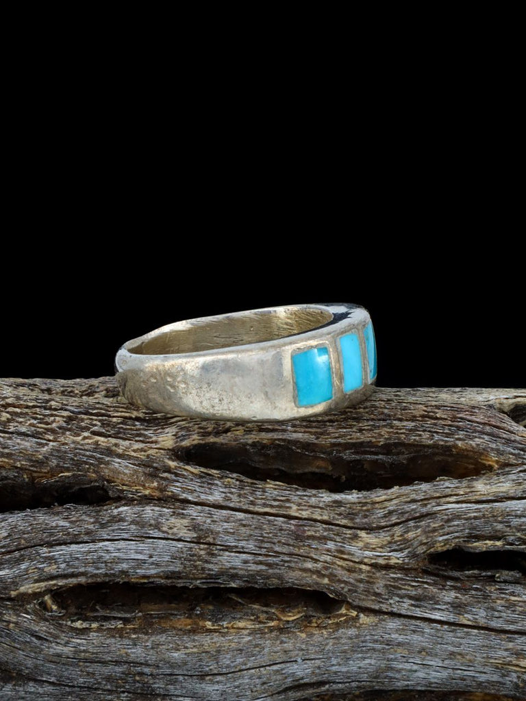 Estate Sterling Silver Zuni Turquoise Inlay Ring, Size 4 - PuebloDirect.com