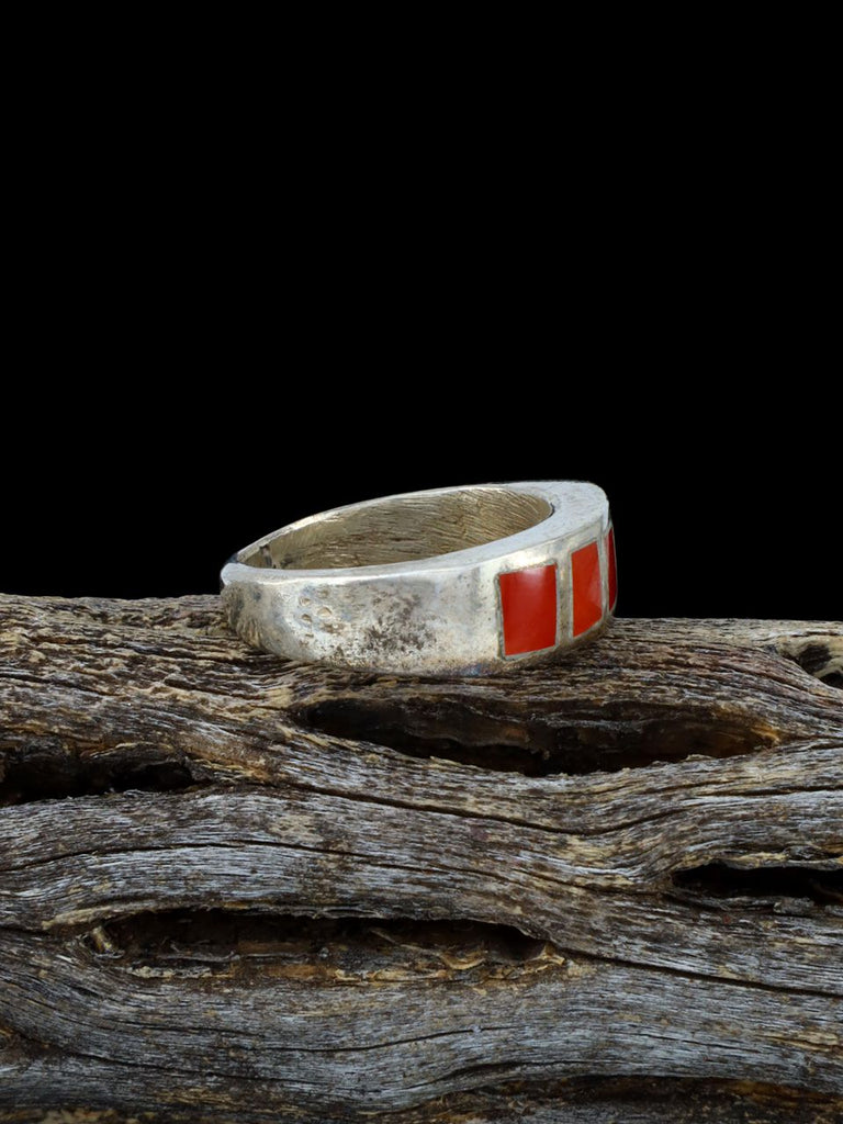 Vintage Sterling Silver Zuni Coral Inlay Ring, Size 4 - PuebloDirect.com