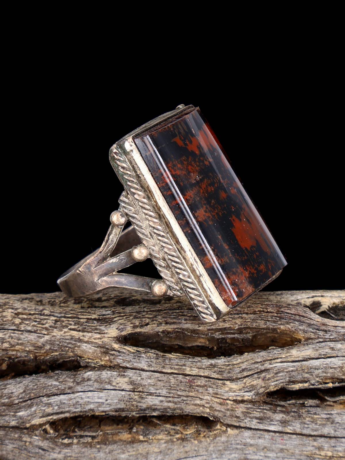 Estate Old Sterling Silver Petrified Wood Ring, Size 9.5 - PuebloDirect.com