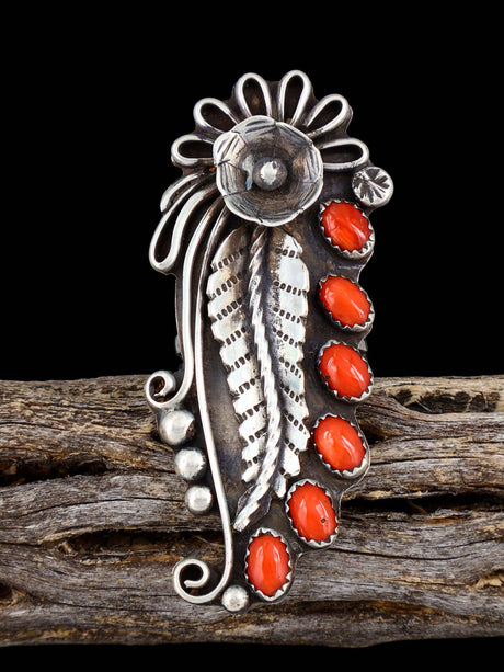 Vintage Native American Sterling Silver Coral Feather Ring, Size 5 1/2 - PuebloDirect.com