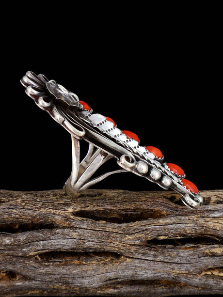 Vintage Native American Sterling Silver Coral Feather Ring, Size 5 1/2 - PuebloDirect.com