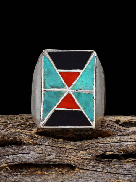 Vintage Native American Sterling Silver Multi Stone Inlay Ring, Size 9 1/4 - PuebloDirect.com