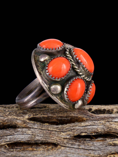 Vintage Native American Sterling Silver Coral Ring, Size 6 - PuebloDirect.com