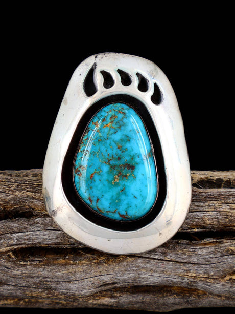 Vintage Native American Sterling Silver Turquoise Bear Paw Ring, Size 8 1/4 - PuebloDirect.com