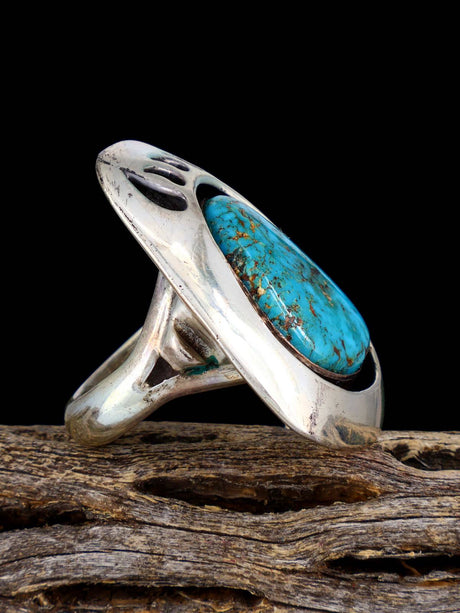 Vintage Native American Sterling Silver Turquoise Bear Paw Ring, Size 8 1/4 - PuebloDirect.com