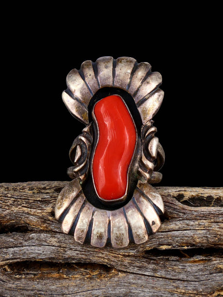 Vintage Native American Sterling Silver Coral Ring, Size 4 - PuebloDirect.com