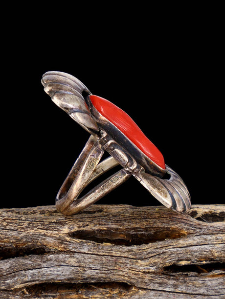 Vintage Native American Sterling Silver Coral Ring, Size 4 - PuebloDirect.com