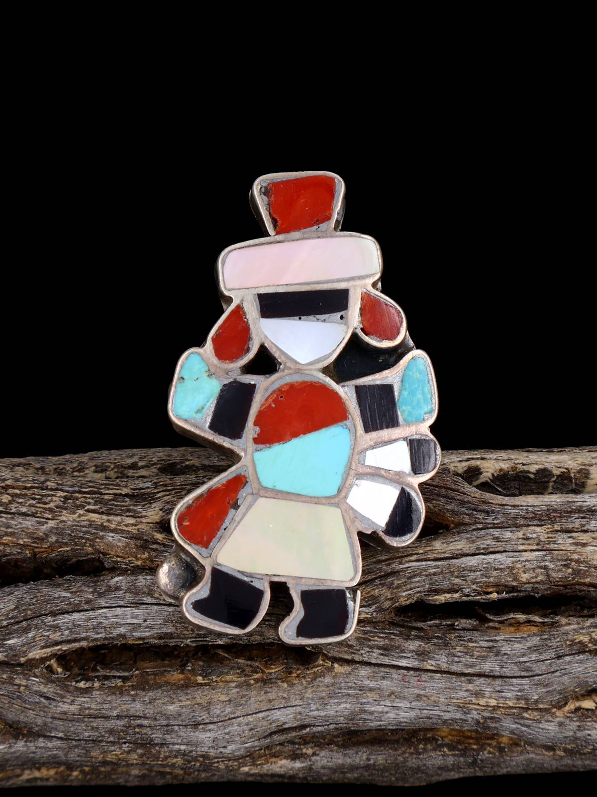Vintage Sterling Silver Multistone Rainbow Man Zuni Inlay Ring, Size 5 - PuebloDirect.com