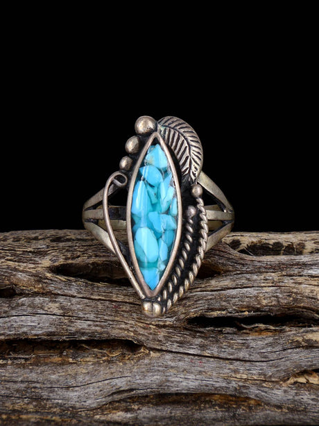 Vintage Sterling Silver Turquoise Chip Inlay Ring, Size 7 1/2 - PuebloDirect.com