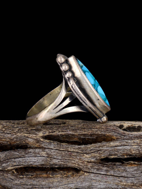 Vintage Sterling Silver Turquoise Chip Inlay Ring, Size 7 1/2 - PuebloDirect.com