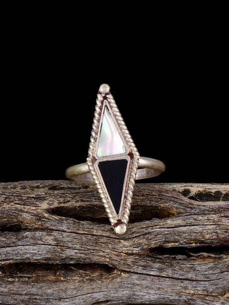 Vintage Sterling Silver Mother of Pearl and Jet Ring, Size 5 1/2 - PuebloDirect.com