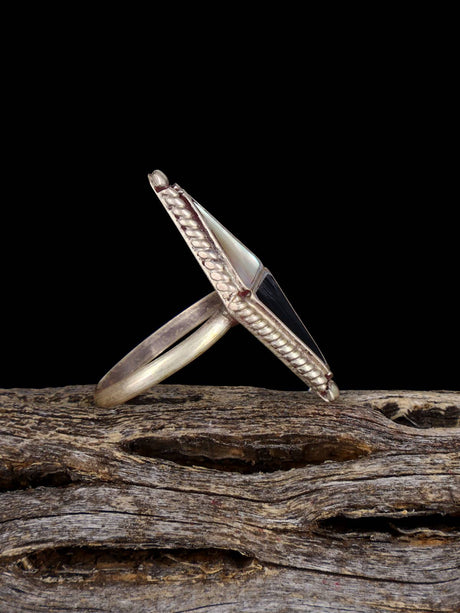 Vintage Sterling Silver Mother of Pearl and Jet Ring, Size 5 1/2 - PuebloDirect.com
