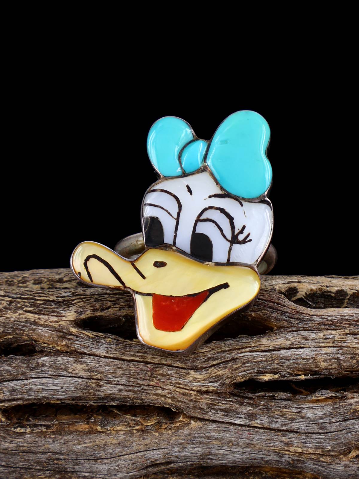 Vintage Native Sterling Silver Multistone Zuni Inlay Daisy Duck Ring, Size 6 1/4 - PuebloDirect.com