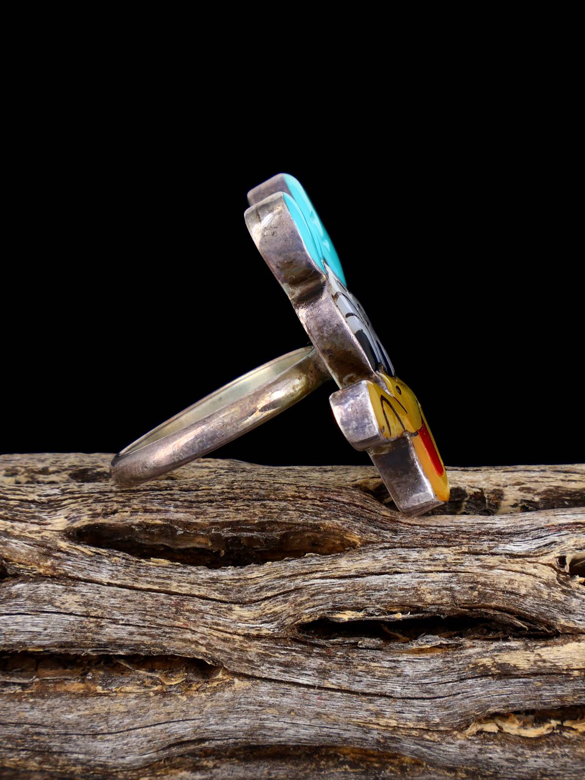 Vintage Native Sterling Silver Multistone Zuni Inlay Daisy Duck Ring, Size 6 1/4 - PuebloDirect.com