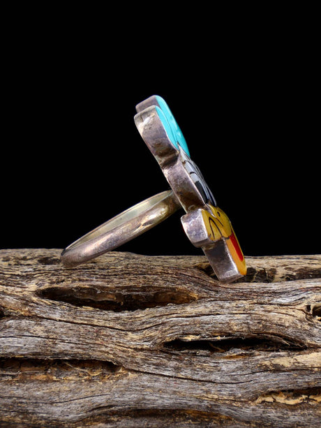 Vintage Native Sterling Silver Multistone Zuni Inlay Daisy Duck Ring, Size 6 1/4 - PuebloDirect.com