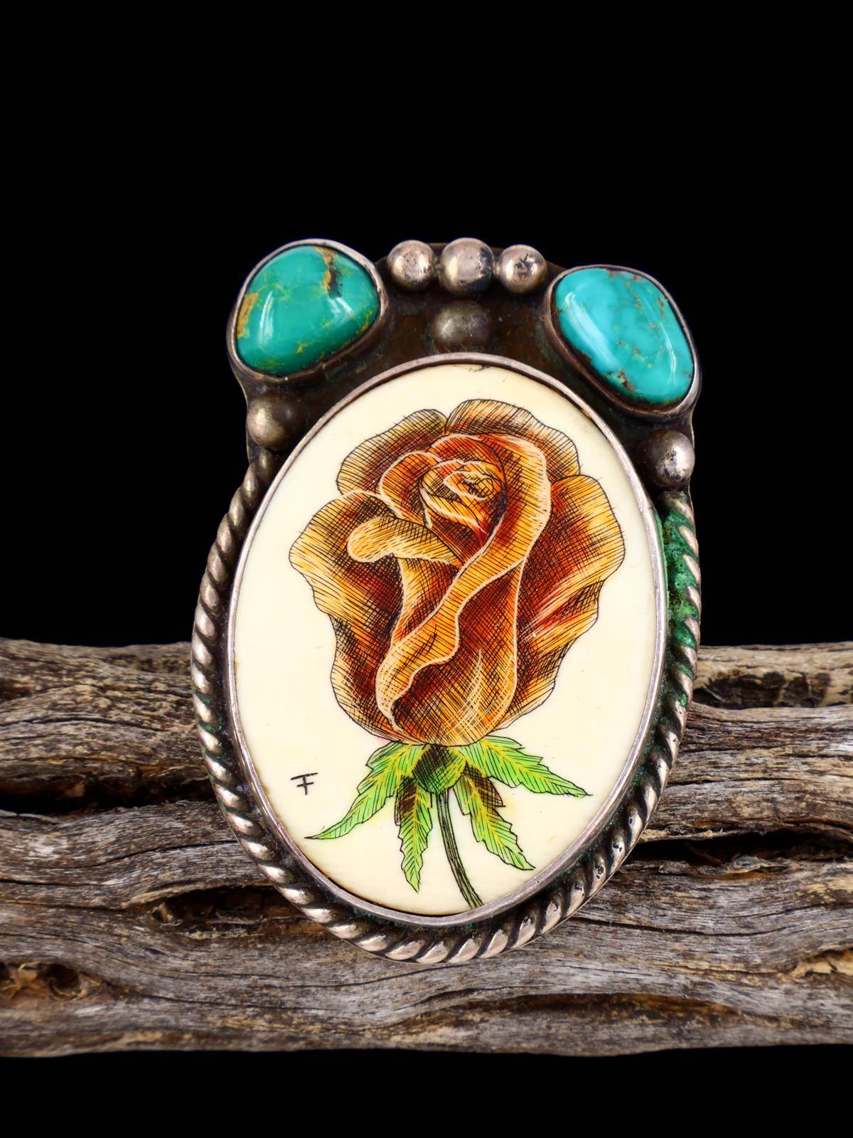 Vintage Native American Sterling Silver Turquoise Scrimshaw Ring, Size 8 - PuebloDirect.com