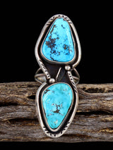 Estate Native American Two Stone Turquoise Sterling Silver Ring, Size 7