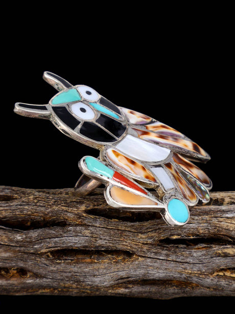 Vintage Native Sterling Silver Multistone Zuni Inlay Owl Ring, Size 7 - PuebloDirect.com