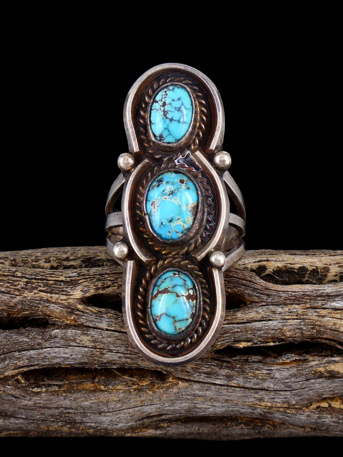 Estate Native American Three Stone Turquoise Sterling Silver Ring, Size 7