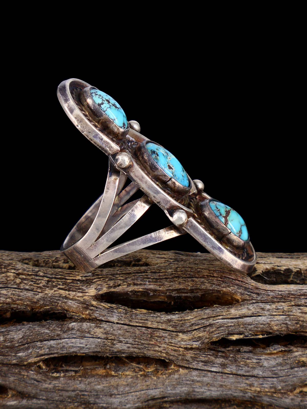 Estate Native American Three Stone Turquoise Sterling Silver Ring, Size 7
