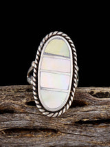 Estate Sterling Silver Gold Lip Mother of Pearl Inlay Ring, Size 6 1/4