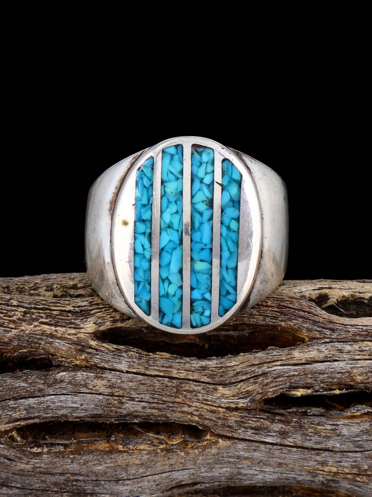 Estate Native Turquoise Chip Inlay Sterling Silver Ring, Size 9 1/2 - PuebloDirect.com