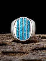 Estate Native Turquoise Chip Inlay Sterling Silver Ring, Size 9 1/2 - PuebloDirect.com